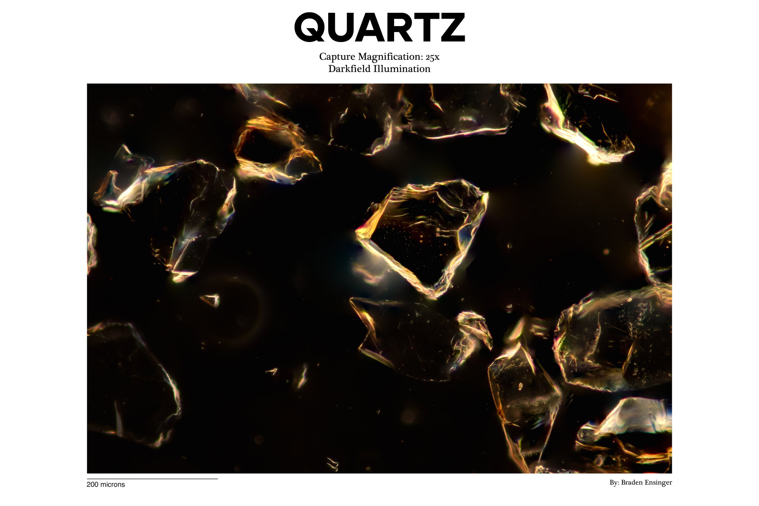 Photograph of fractured quartz crystals illuminated against a dark background, magnified 25 times under darkfield illumination.