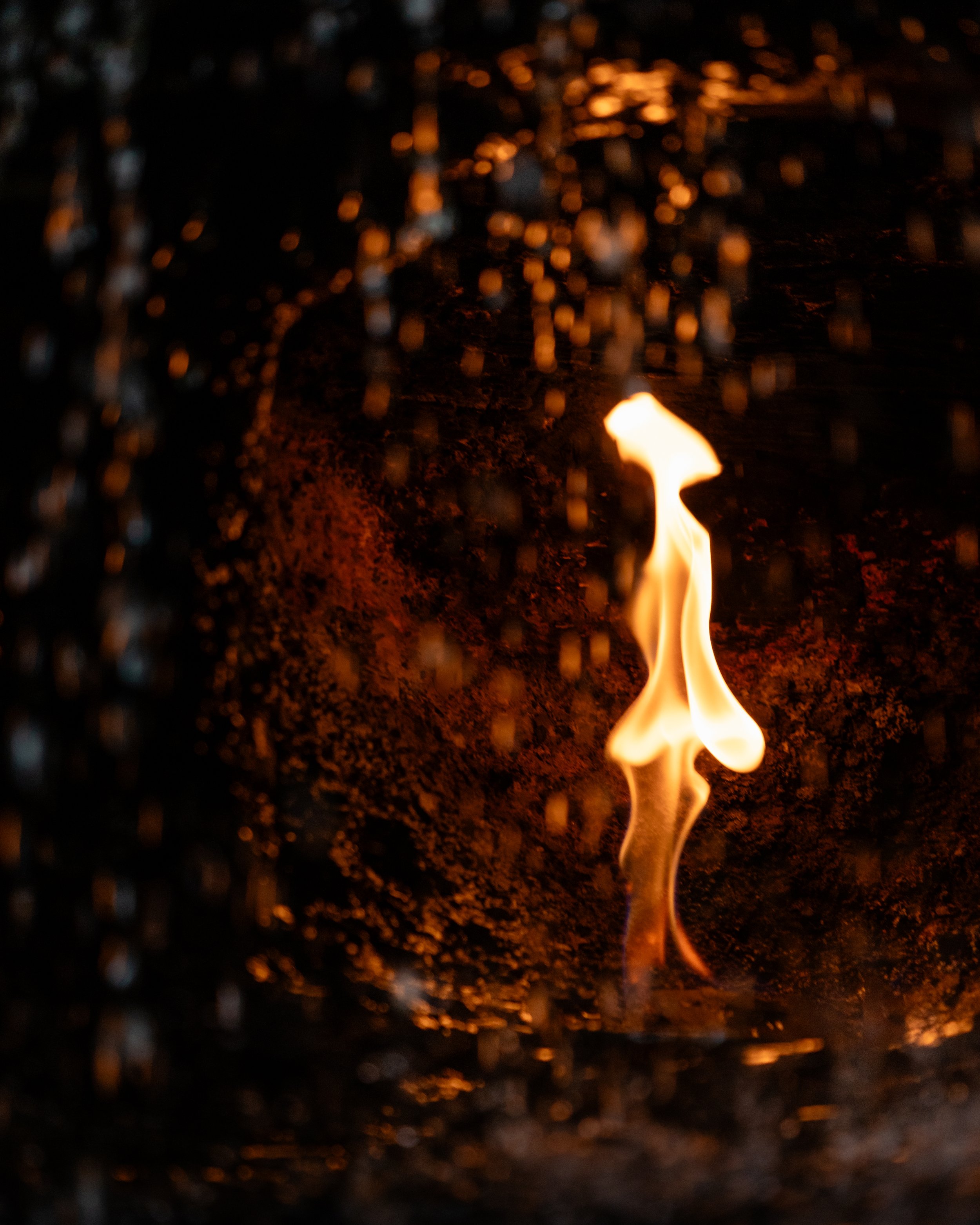 Close-up of a flame spirit behind a wire mesh screen with a dark, textured background at the Eternal Flame