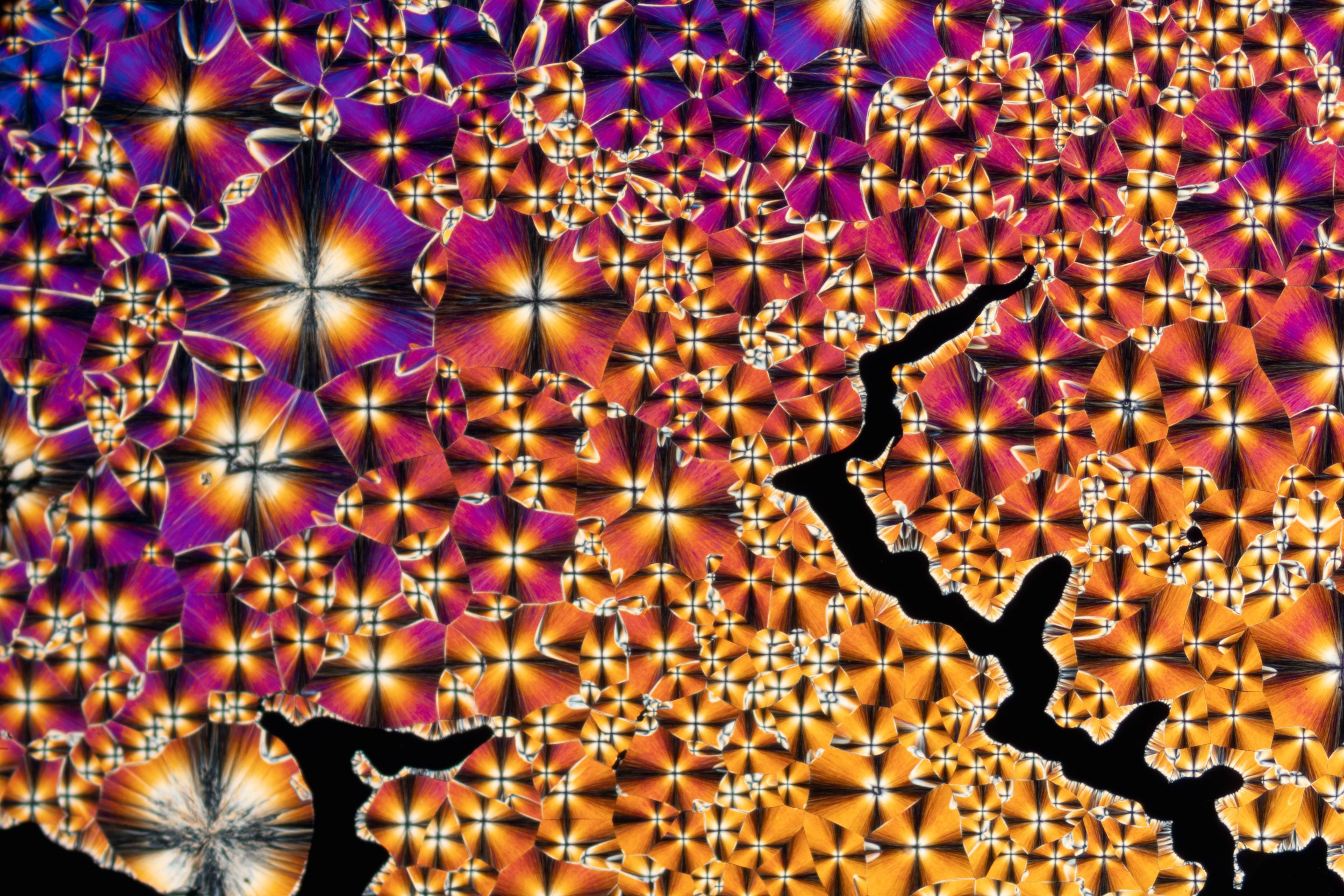 Microscopic cross-polarization of crystals, patterns of overlapping star-shaped designs in purple, orange, and yellow hues, with black cracks running through the pattern.